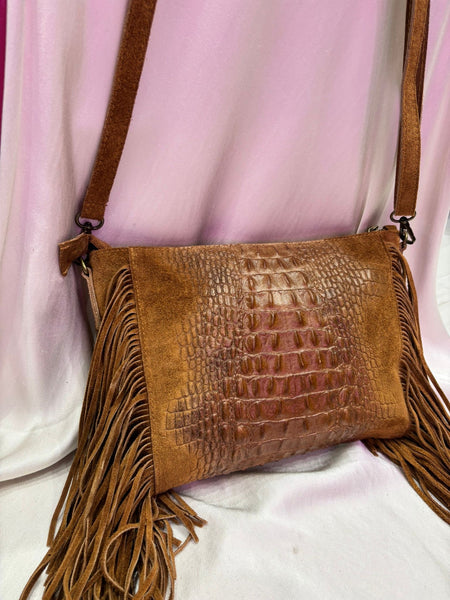 Leather Croc Detail Suede Tassel Crossbody Bag | Tan
