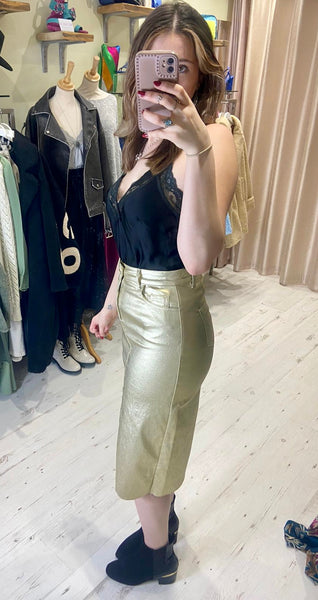 Metallic Stretch Denim Midi Skirt (Shorter Length) | Gold