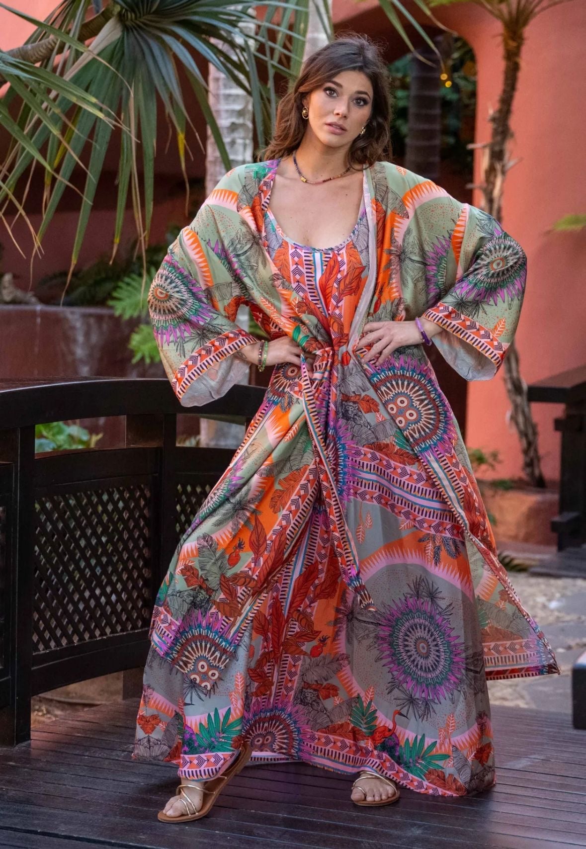 Colourful Statement Maxi Kimono | Tropical Khaki