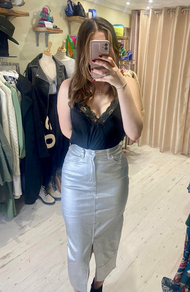 Metallic Stretch Denim Midaxi Skirt (Longer Length) | Silver