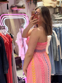 Geometric Print Boho Bandeau Dress | Coral Multi