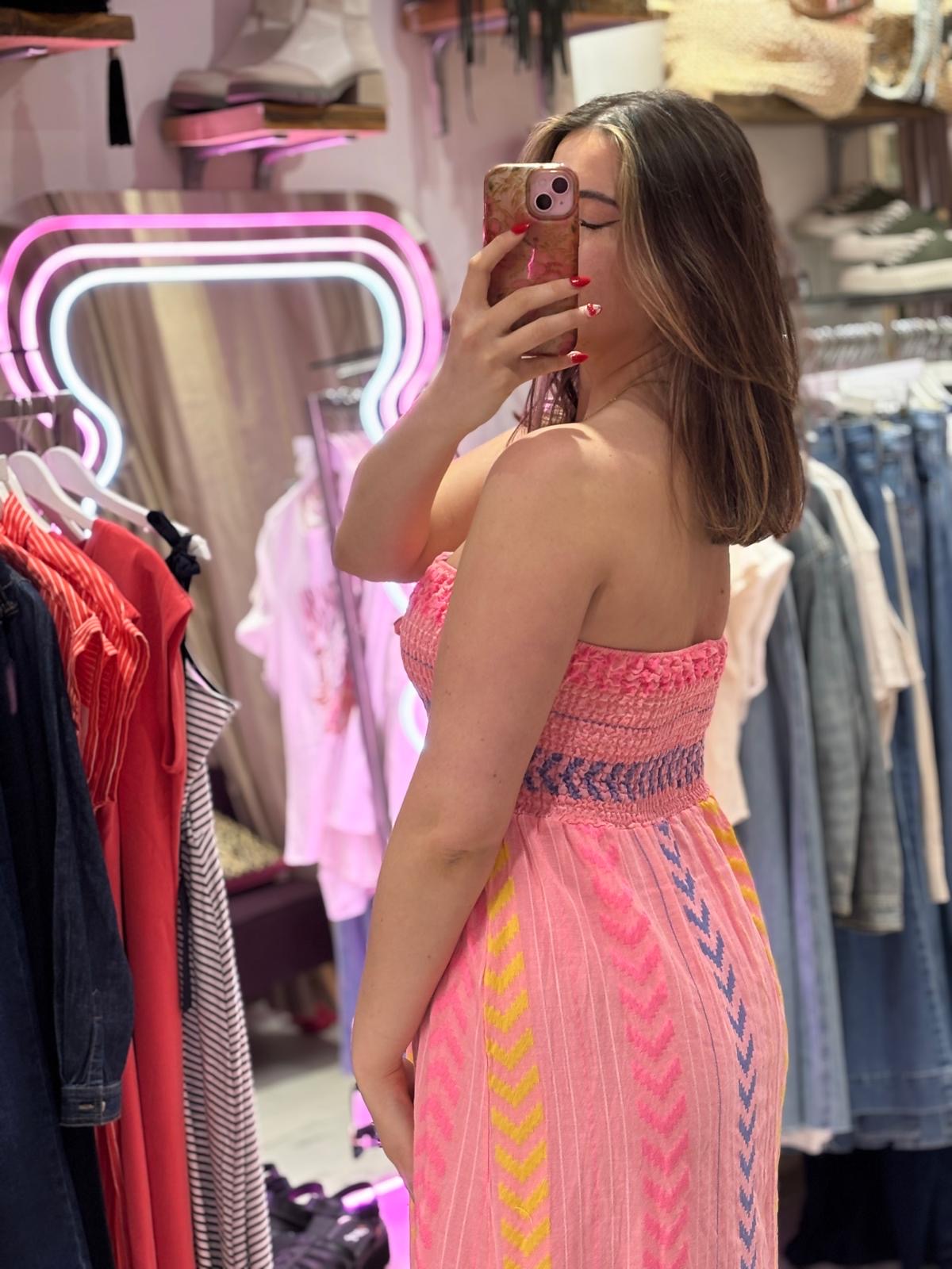 Geometric Print Boho Bandeau Dress | Coral Multi
