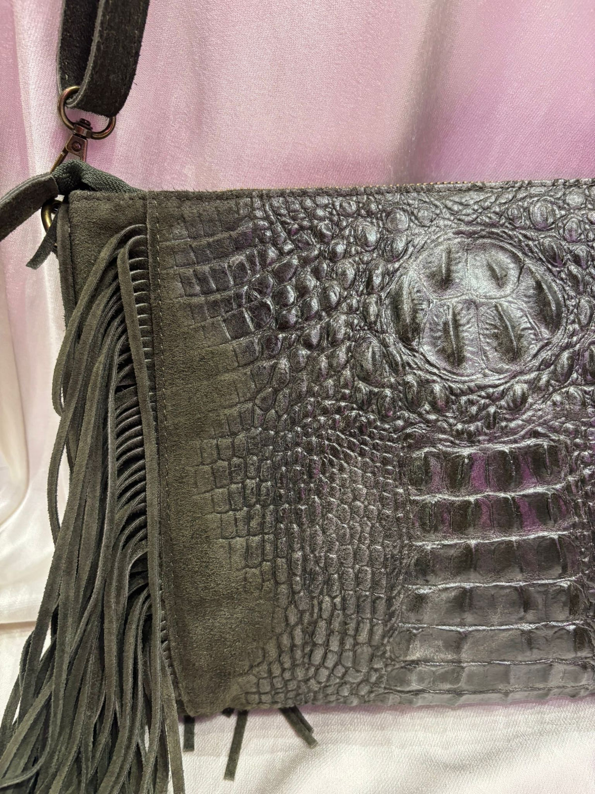 Croc Detail Genuine Suede and Leather Fringed Bag | Olive Green