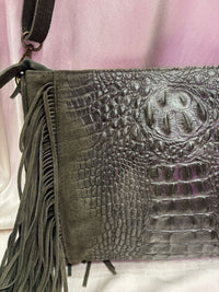 Croc Detail Genuine Suede and Leather Fringed Bag | Olive Green
