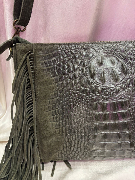 Leather Croc Detail Suede Tassel Crossbody Bag | Khaki Green