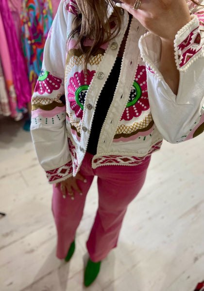 Amia Boho Embroidered Jacket | White/Pink