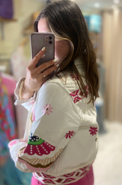 Amia Boho Embroidered Jacket | White/Pink