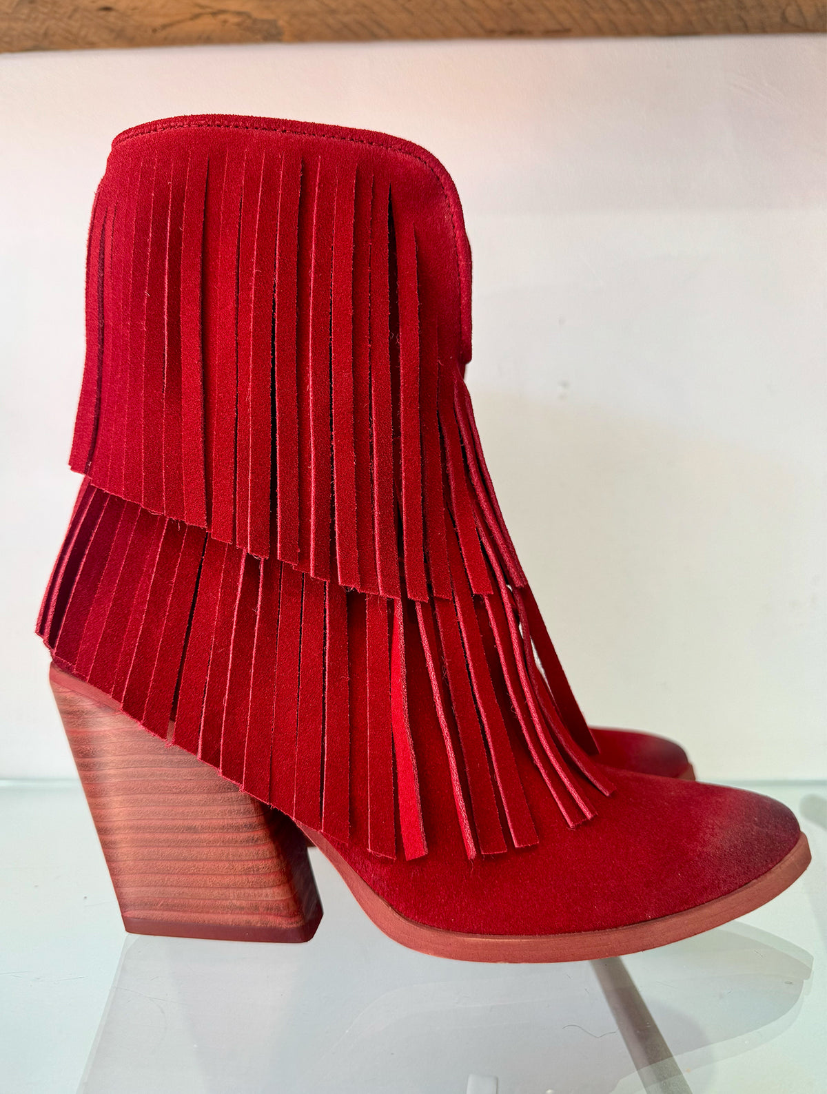 Felmini | Suede Fringed Heeled Cowboy Boot | Deep Red