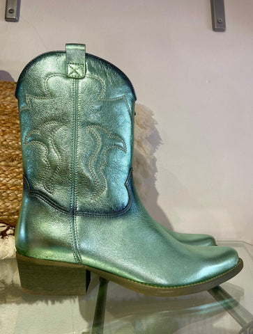 Long Metallic Leather Cowboy Boot | Aqua