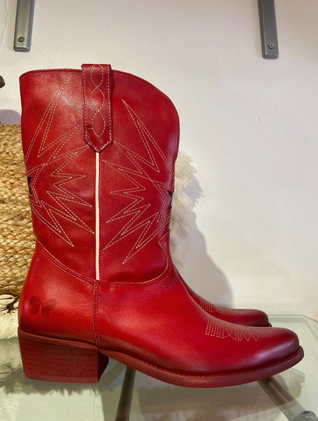 Long Leather Cowboy Boot | Red Multi