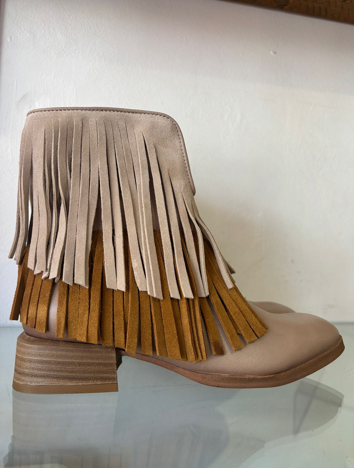 Felmini | Leather and Suede Fringed Flat Cowboy Boot | Plume/Sand