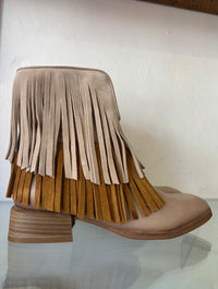 Felmini | Leather and Suede Fringed Flat Cowboy Boot | Plume/Sand