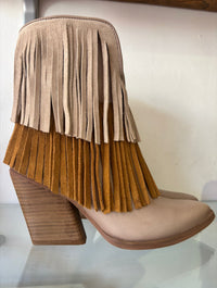 Felmini | Leather and Suede Fringed Heeled Cowboy Boot | Moonlight/Sand
