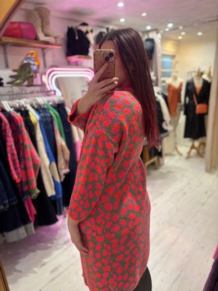 Bright Leopard Print Long Cardigan | Khaki Multi