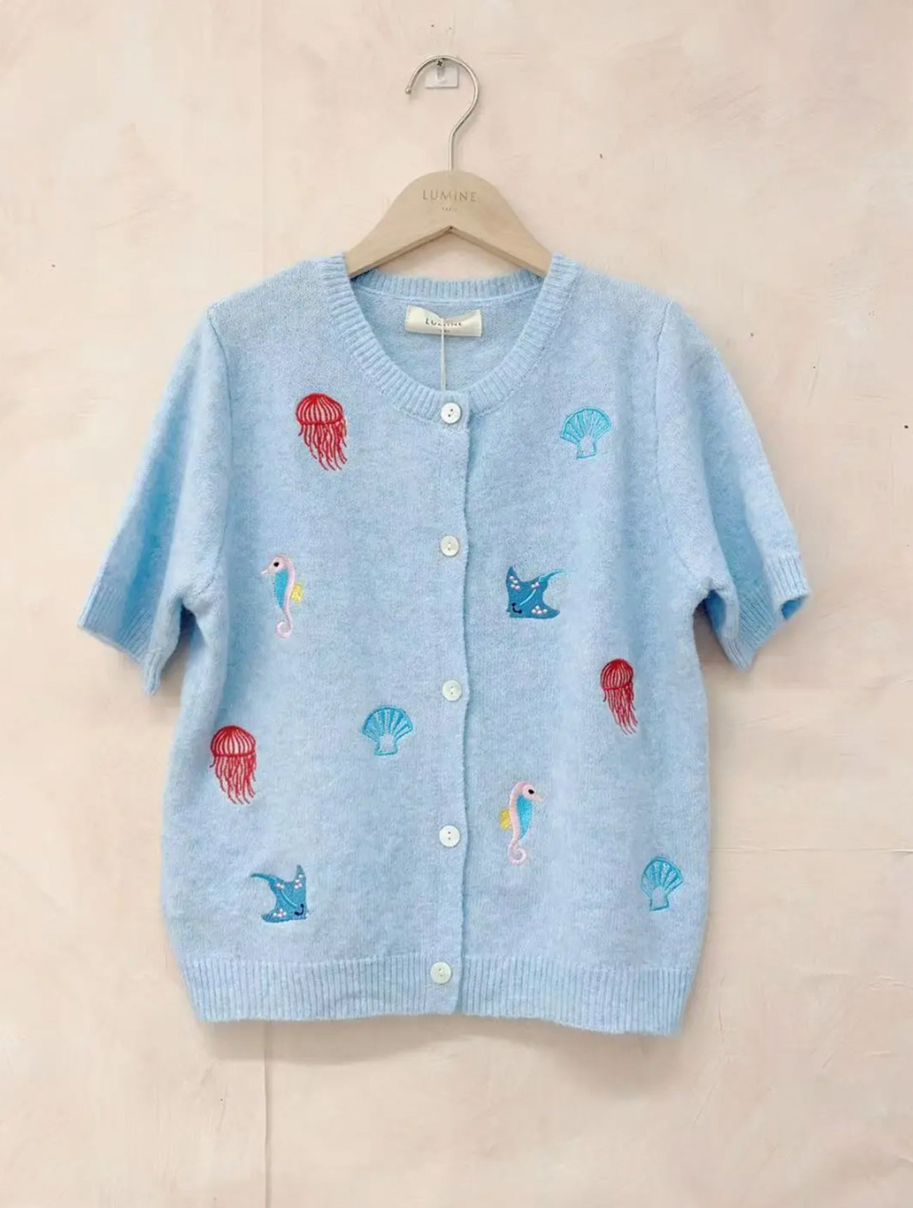 Embroidered Sea Short Sleeved Cardigan | Soft Blue