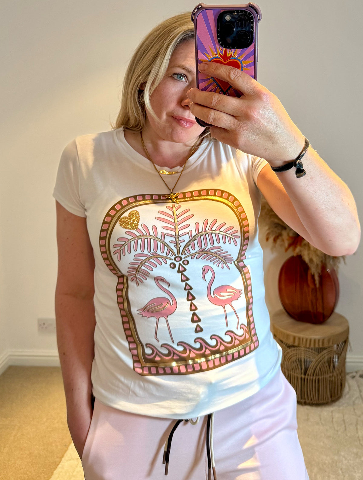 Flamingo Print Fitted Stretch T-Shirt | White