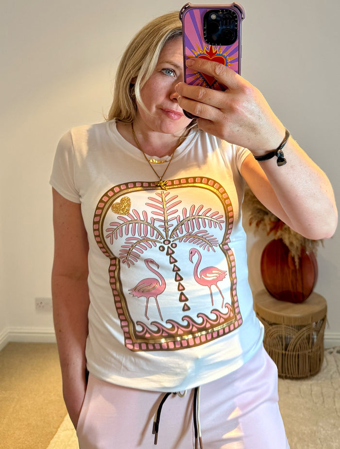Flamingo Print Fitted Stretch T-Shirt | White