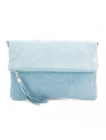 Metallic Leather and Suede Foldover Clutch/Cross Body Bag | Light Blue