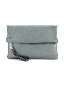 Metallic Leather Foldover Clutch/Cross Body Bag | Pewter