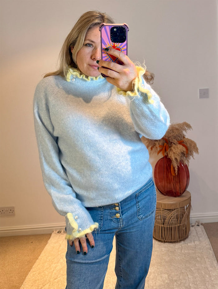 Pretty Frill and Pearl Detail Jumper | Baby Blue/Yellow