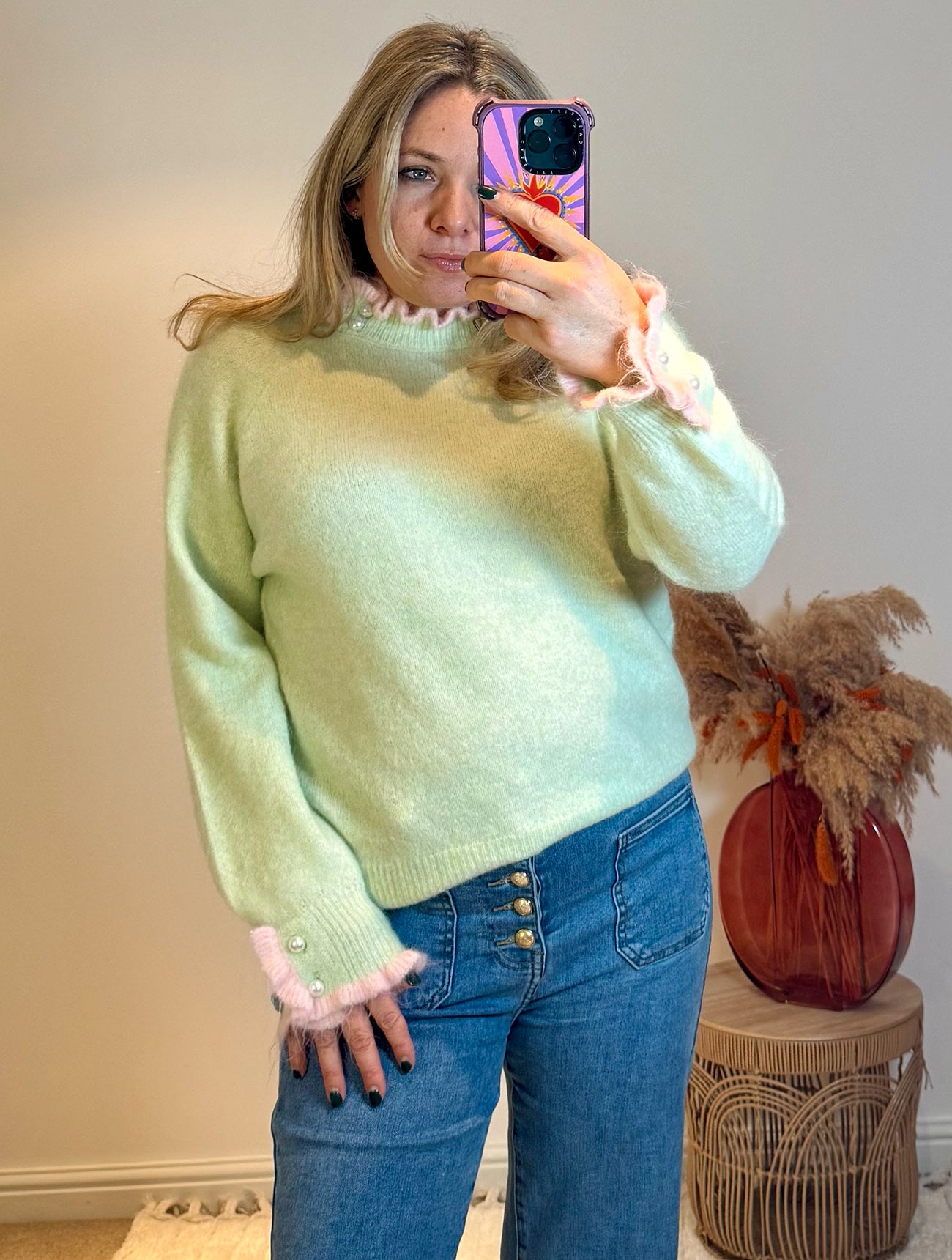 Pretty Frill and Pearl Detail Jumper | Soft Pistachio/Pink