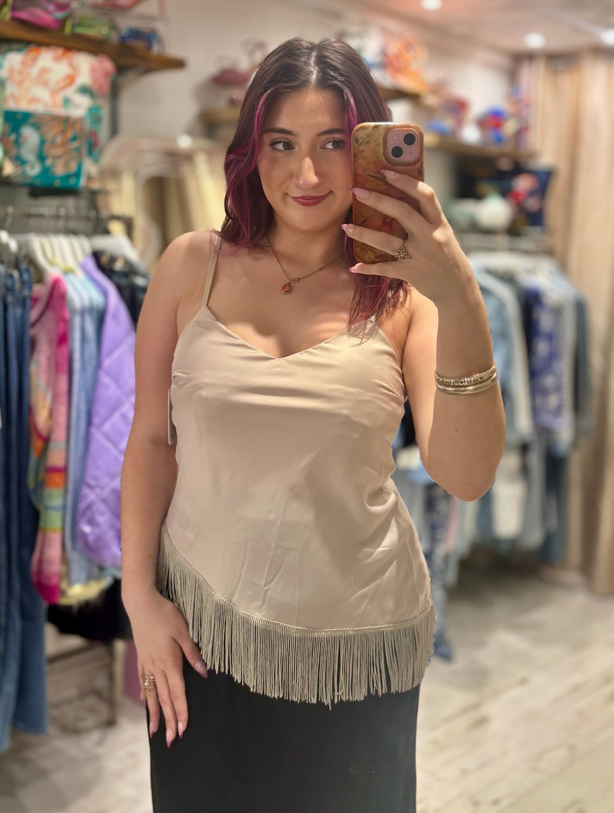 Fringed Asymmetric Hem Camisole | Beige