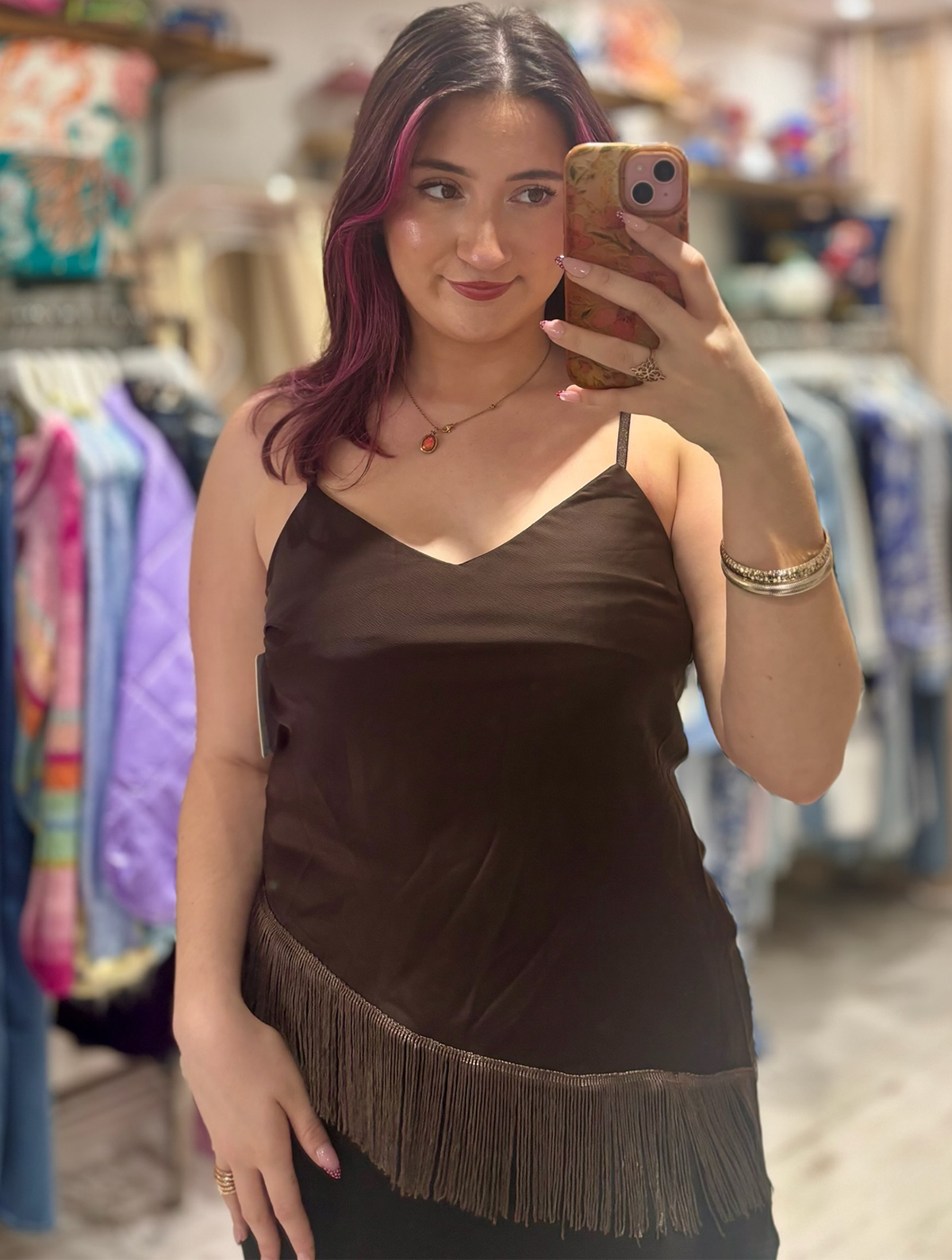 Fringed Asymmetric Hem Camisole | Chocolate