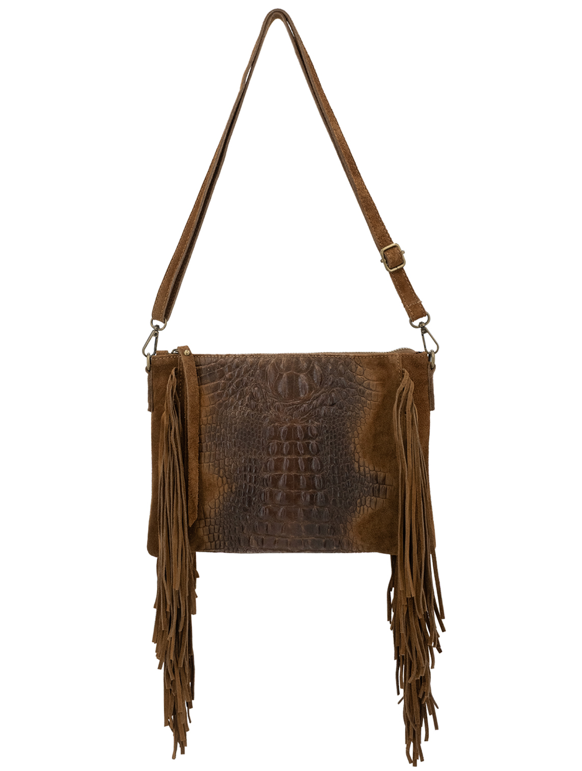 Croc Detail Genuine Suede and Leather Fringed Bag | Chocolate Brown