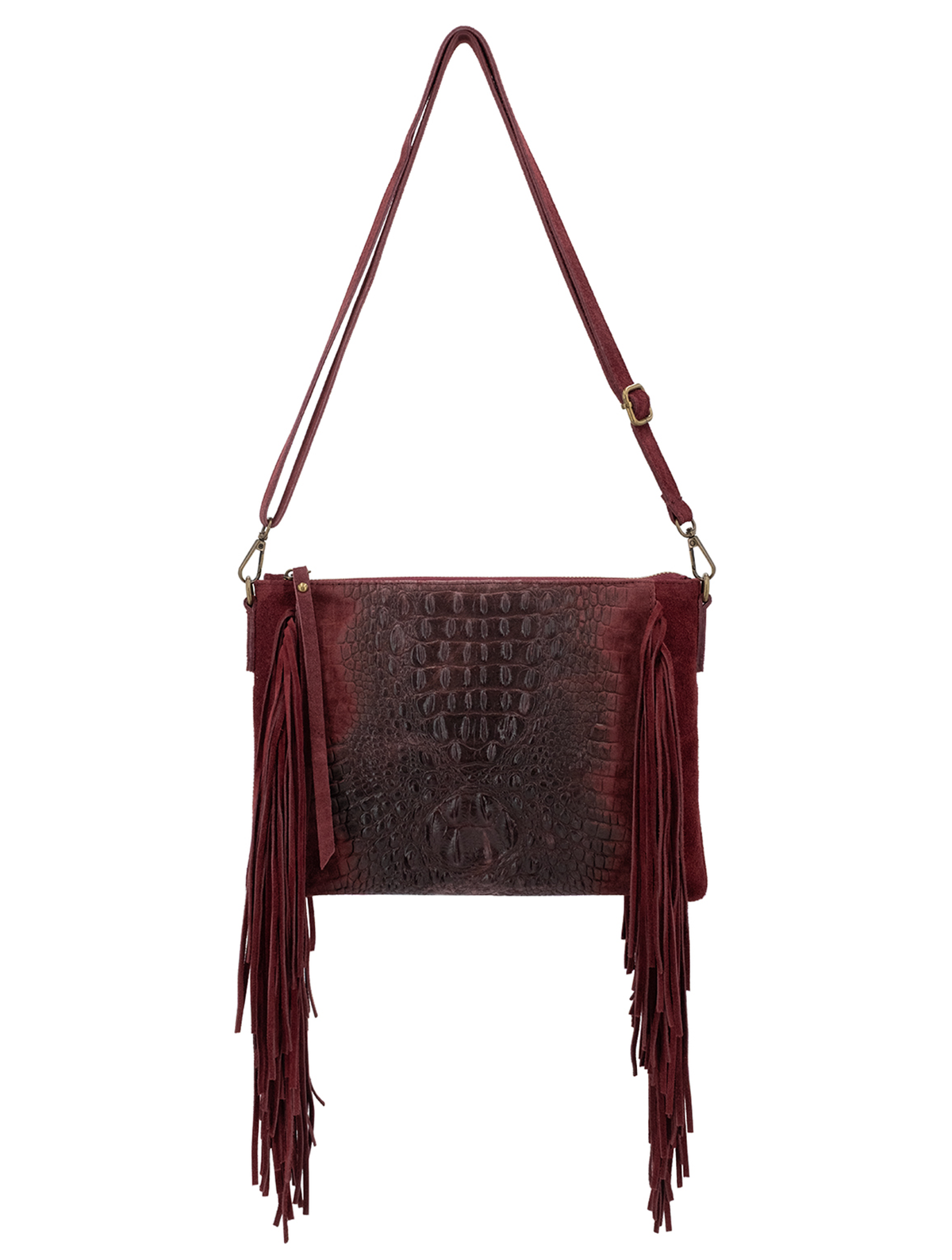 Croc Detail Genuine Suede and Leather Fringed Bag | Oxblood Red