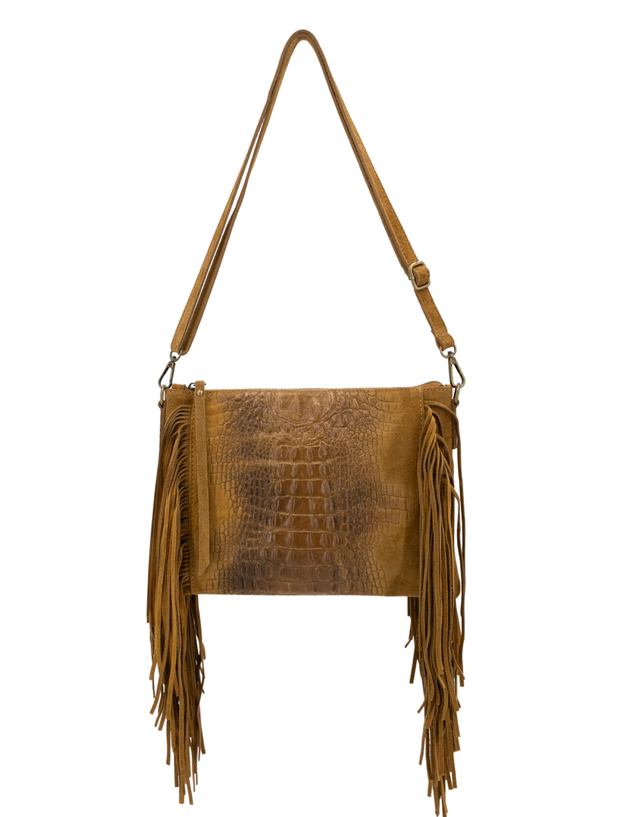 Croc Detail Genuine Suede and Leather Fringed Bag | Dark Tan