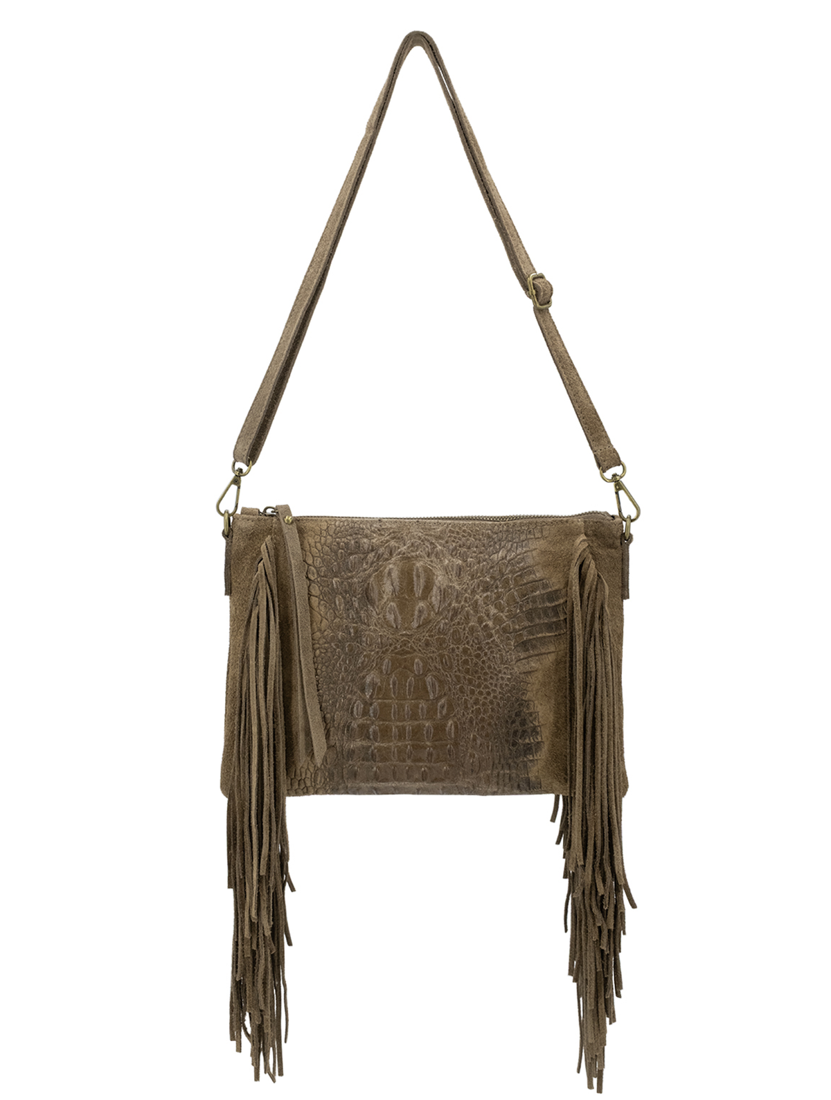 Croc Detail Genuine Suede and Leather Fringed Bag | Taupe