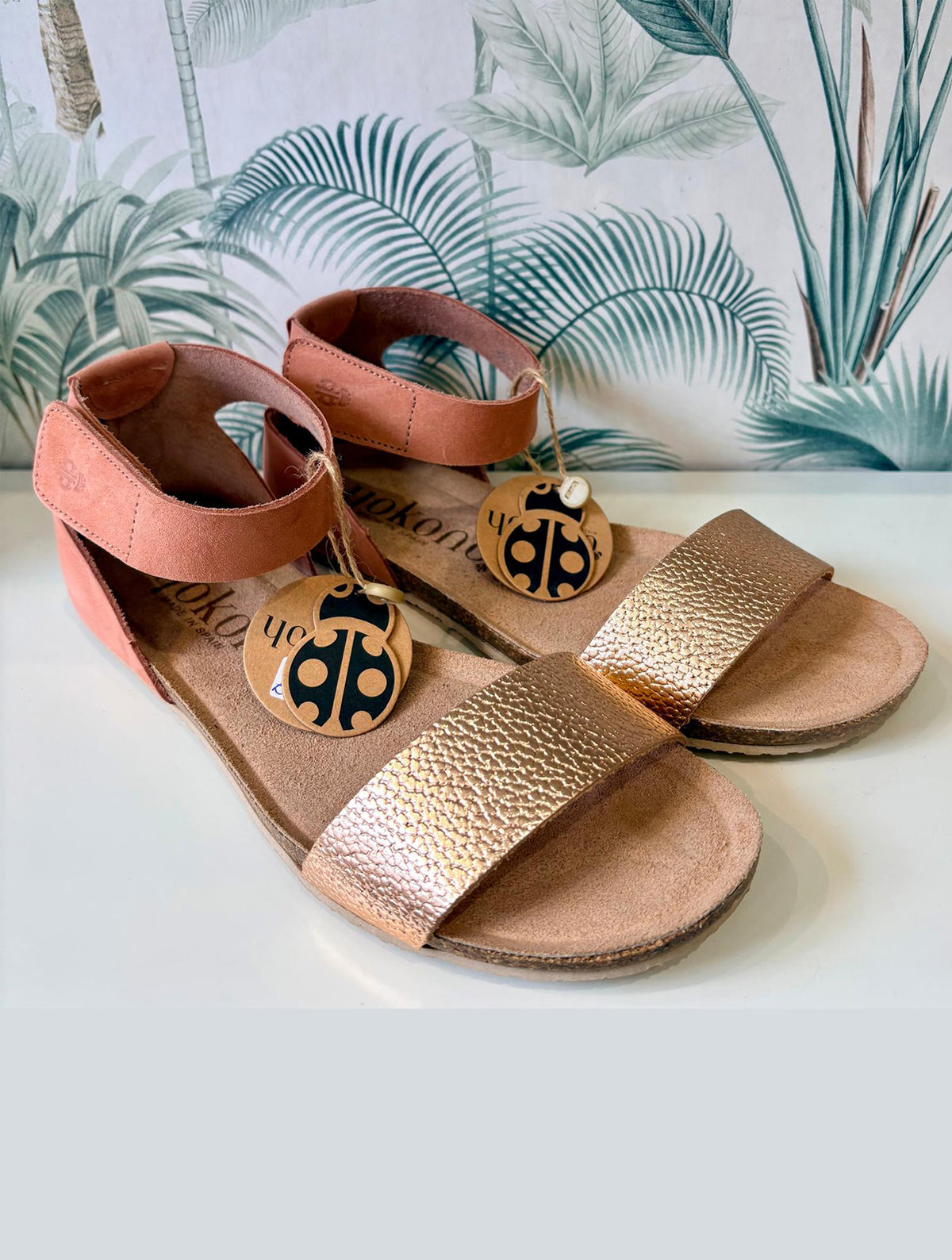 Yokono | Genova-400 | Flat Leather Sandal With Ankle Strap | Metallic Salmon