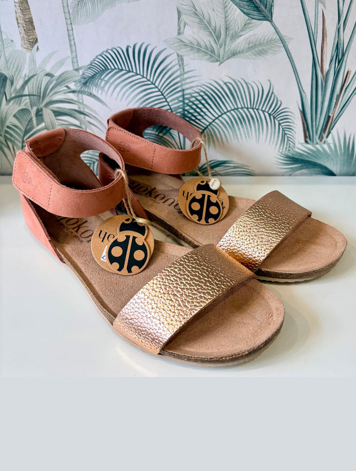 Yokono | Genova-400 | Flat Leather Sandal With Ankle Strap | Metallic Salmon