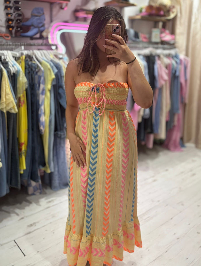 Geometric Print Boho Bandeau Dress | Yellow Multi
