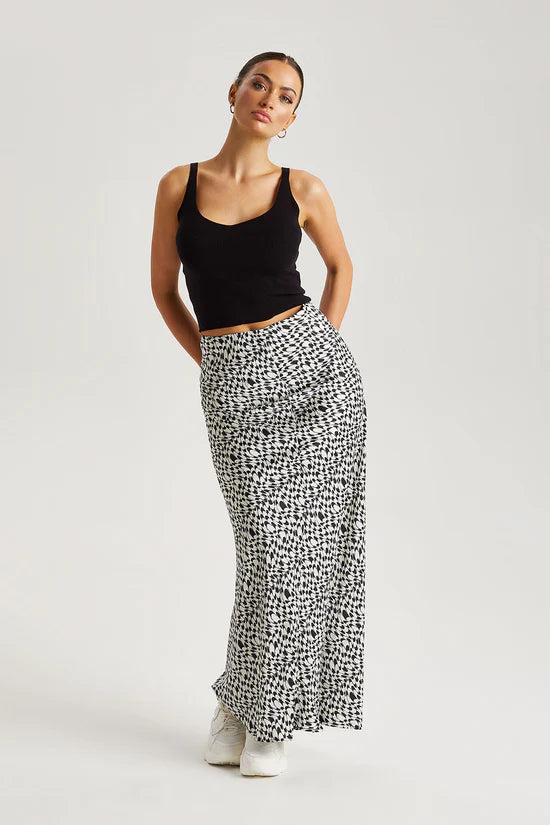 Monochrome Geometric Satin Midaxi Skirt | Black and White