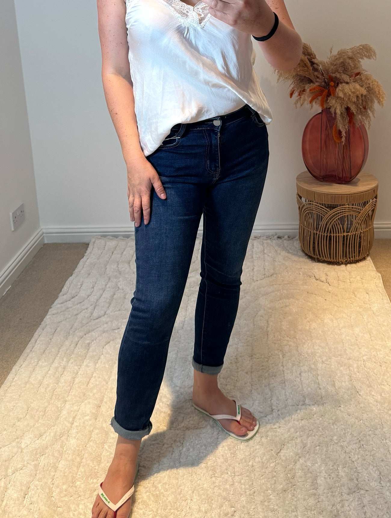 G-Smack Floral Detail Rolled Hem Girlfriend Jeans | Dark Denim