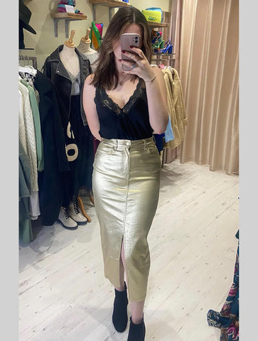 Metallic Stretch Denim Midaxi Skirt (Longer Length) | Gold