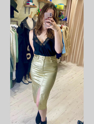 Metallic Stretch Denim Midi Skirt (Shorter Length) | Gold