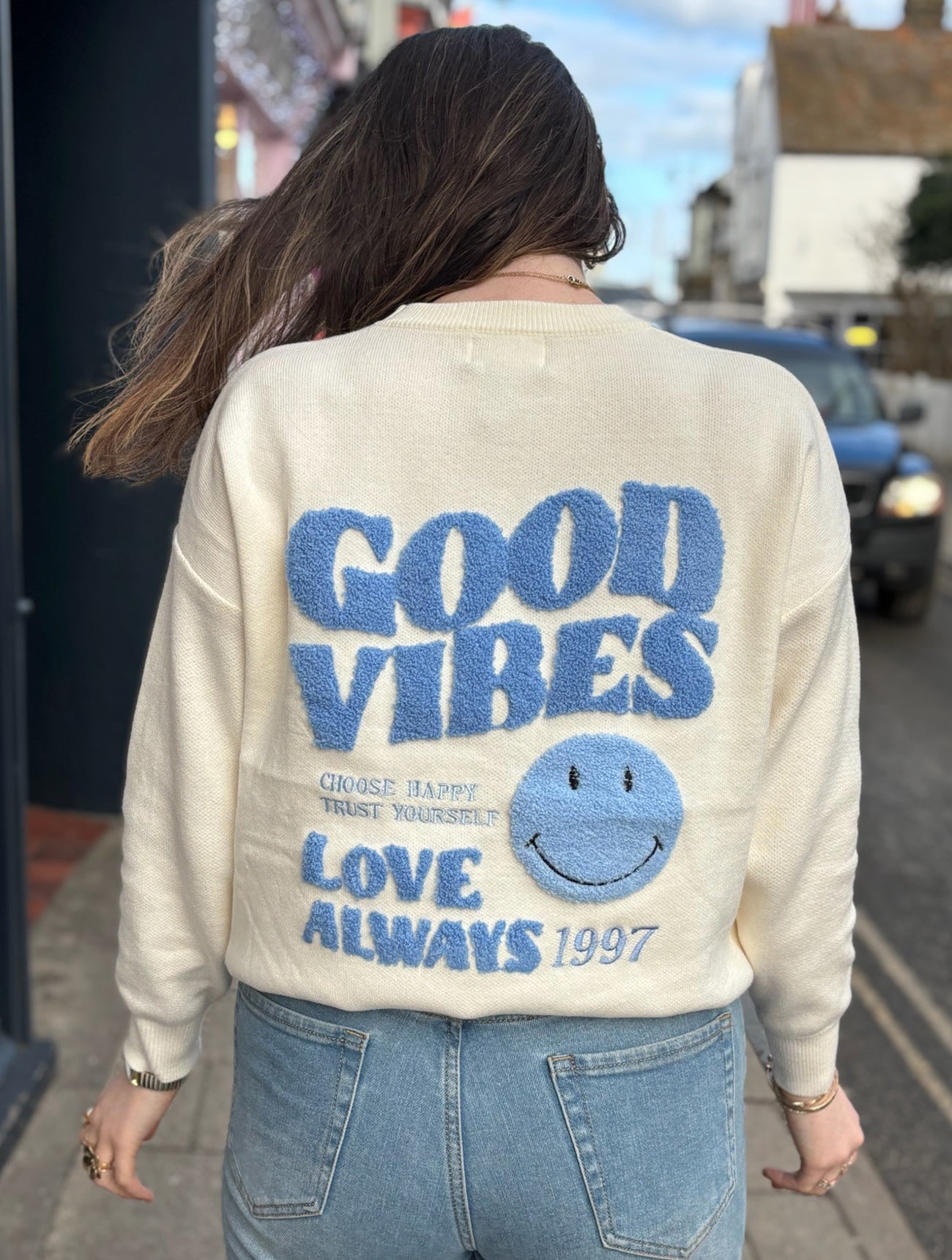 Good Vibes Retro Smiley Jumper | Cream/Sky Blue
