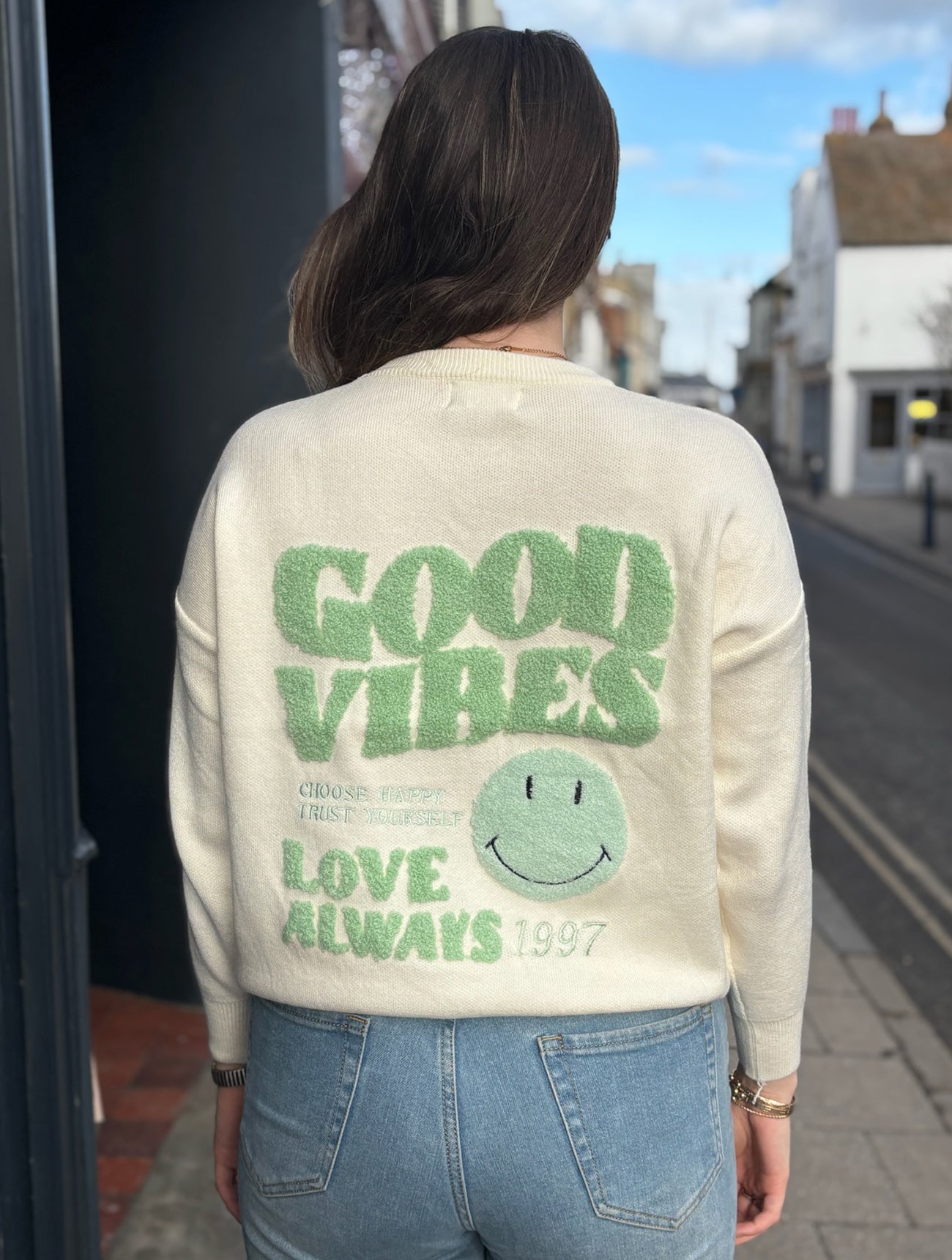 Good Vibes Retro Smiley Jumper | Cream/Mint Green