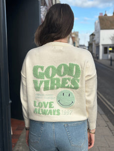 Good Vibes Retro Smiley Jumper | Cream/Mint Green