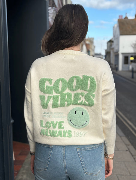 Good Vibes Retro Smiley Jumper | Cream/Mint Green