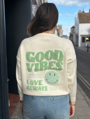Good Vibes Retro Smiley Jumper | Cream/Mint Green