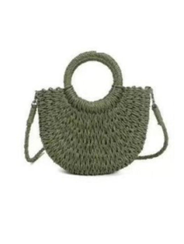 Small Straw Basket Top Handle Crossbody Bag | Olive Green