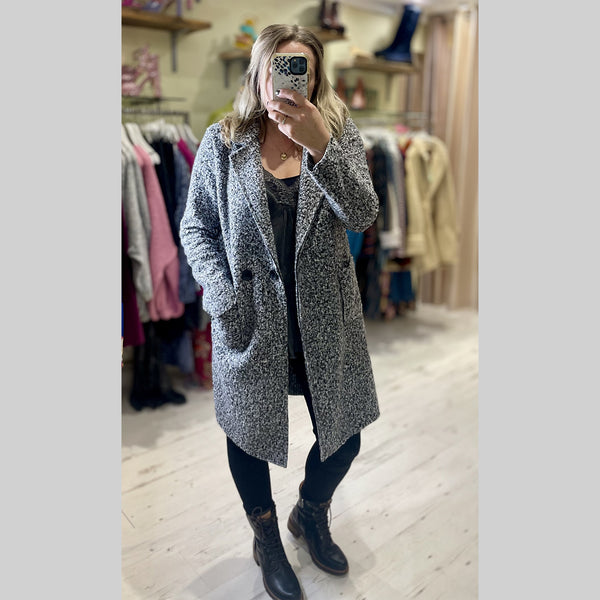Lightweight Boucle Coat | Black and White Marl