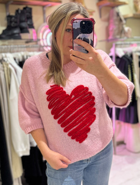 Heart Half Sleeve Jumper | Pink/Red