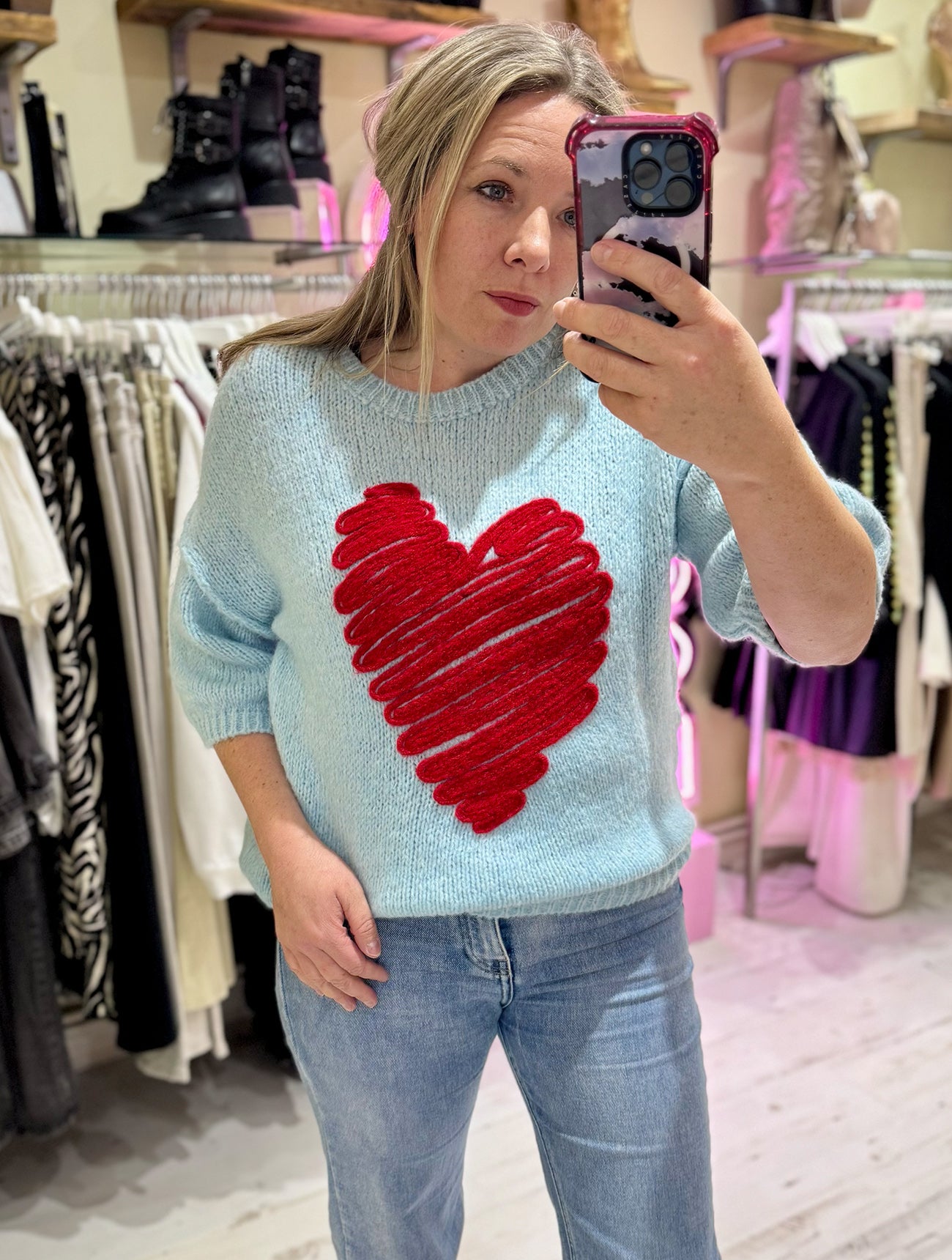 Heart Half Sleeve Jumper | Sky Blue/Red