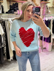 Heart Half Sleeve Jumper | Sky Blue/Red