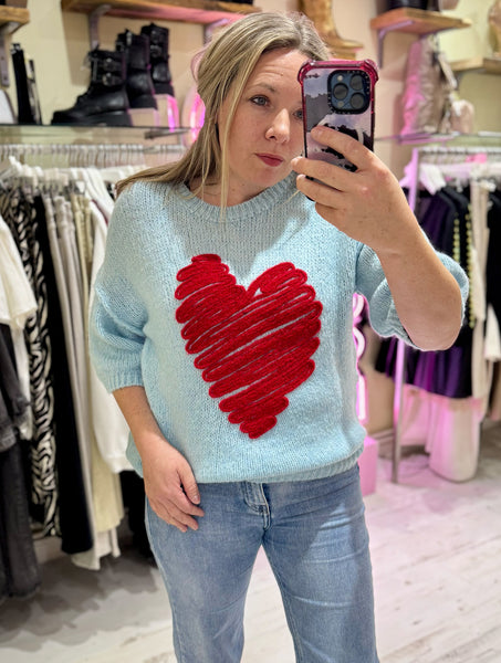 Heart Half Sleeve Jumper | Sky Blue/Red