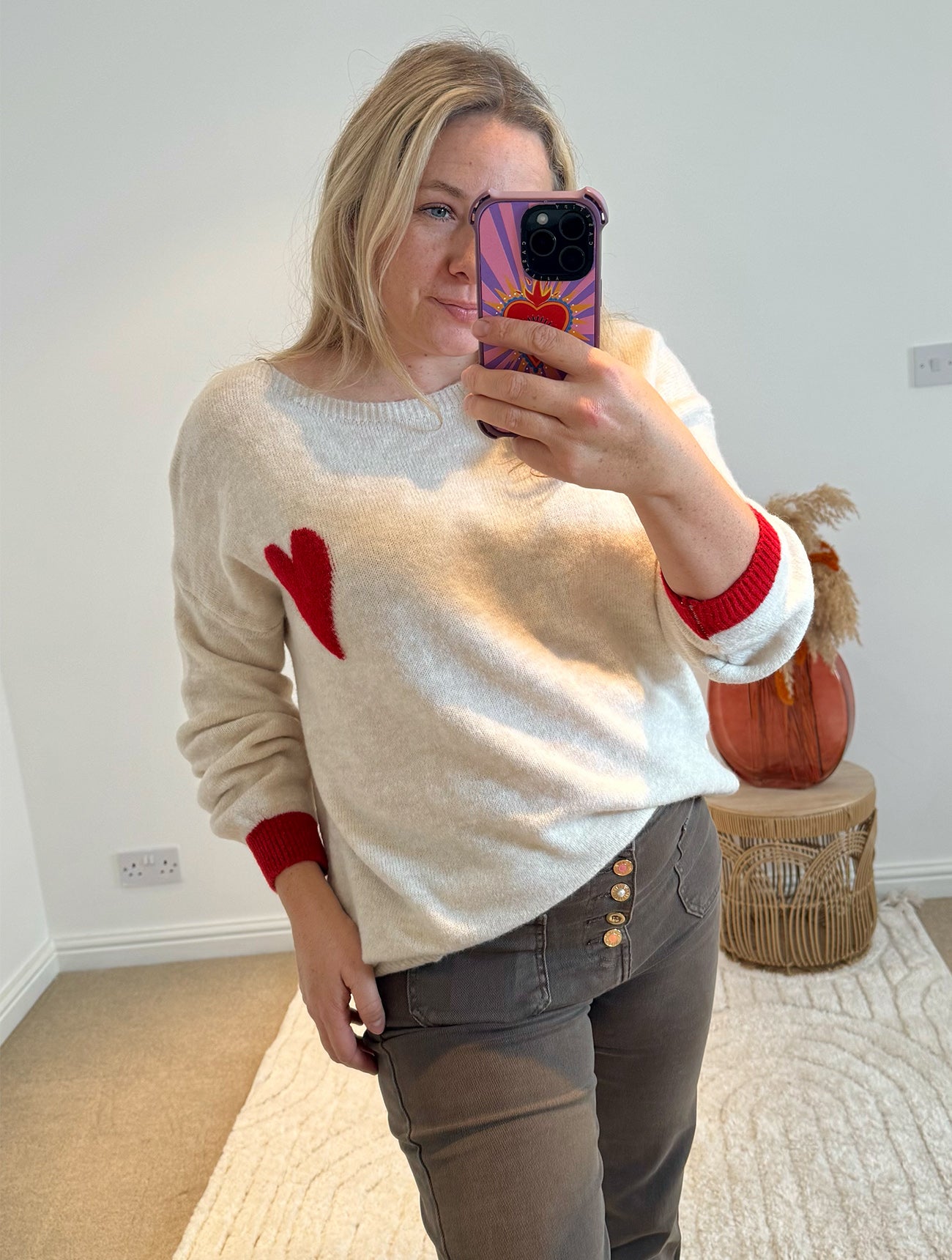 Soft Heart Detail Jumper | Oatmeal/Red